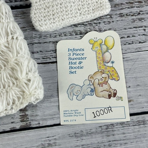 Vintage Knit Crochet Baby Infant White 3 Piece Sweater Hat Bootie Set 1000R - Picture 5 of 11